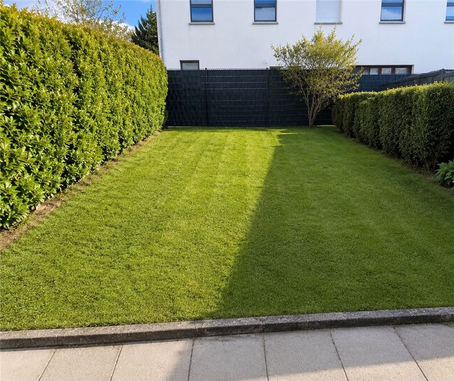 Gepflegter, gestreift gemähter Rasen nach der Gartenpflege durch BlitzFrei